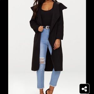 Long black “waterfall” coat w/ tie belt. Size 12.